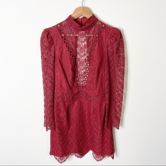 Saylor Lace Mockneck Long Sleeves Mini Celia Dress in Russet Size Medium - Picture 4 of 10
